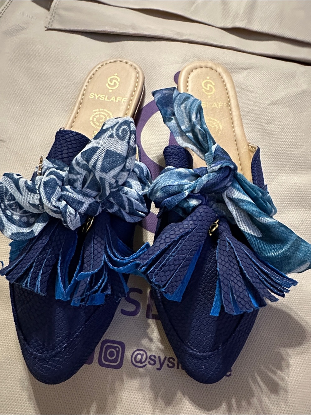 Women's Navy Blue Slip-On Tassel Mules with Scarf Accent